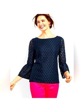TALBOTS RSVP Bell Sleeve Lace Top Navy Blouse Crew Neck Bell Sleeves small EUC